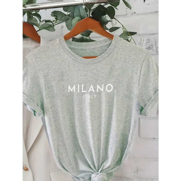 Milano Italy Letter Print T-Shirt, Casual Short Sleeve Women’s Tee, Gray