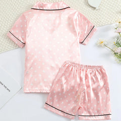 Girls’ Satin Silk Heart Print Pyjama Set – Soft Summer Sleepwear