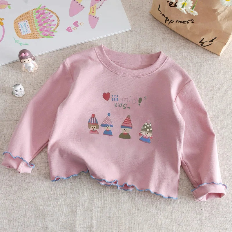 Girls' Cotton Long Sleeve Top with Cute Print