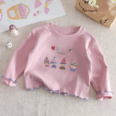Girls' Cotton Long Sleeve Top with Cute Print