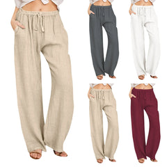 Women's High-Waisted Cotton Linen Wide-Leg Trousers – Casual Loose Fit