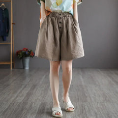 Women's High-Waisted Cotton Linen Shorts – Vintage Loose-Fit Wide-Leg