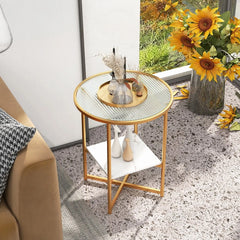 GOFLAME Tempered Glass Side Table – Modern End Table with Faux Marble Shelf