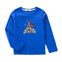 Paris Butterfly Eiffel Tower Long-Sleeve Cotton Tee for Girls