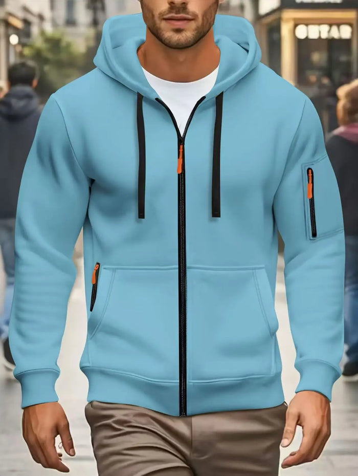 Zippered Warmth Men's Casual Hoodie Jacket, Sky Blue