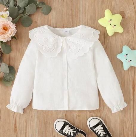 Girls' White Blouse with Broderie Lace Collar