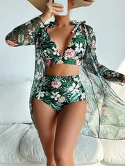 VigoBreviya 3-Piece Mesh Bikini Set – Printed Push-Up High Waist Swimsuit