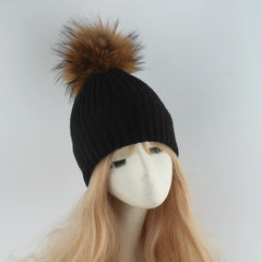 Women's Ribbed Beanie with Faux Fur Pom-Pom