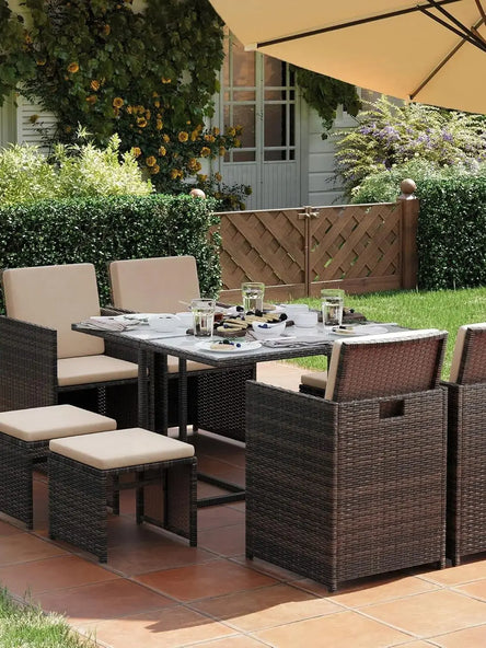 SONGMICS 9-Piece Rattan Garden Dining Set – Space-Saving Outdoor Furniture