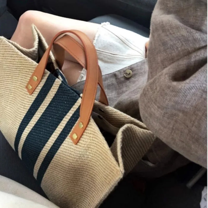 Striped Canvas Bucket Tote, Large Capacity Shoulder & Crossbody Bag, image 2
