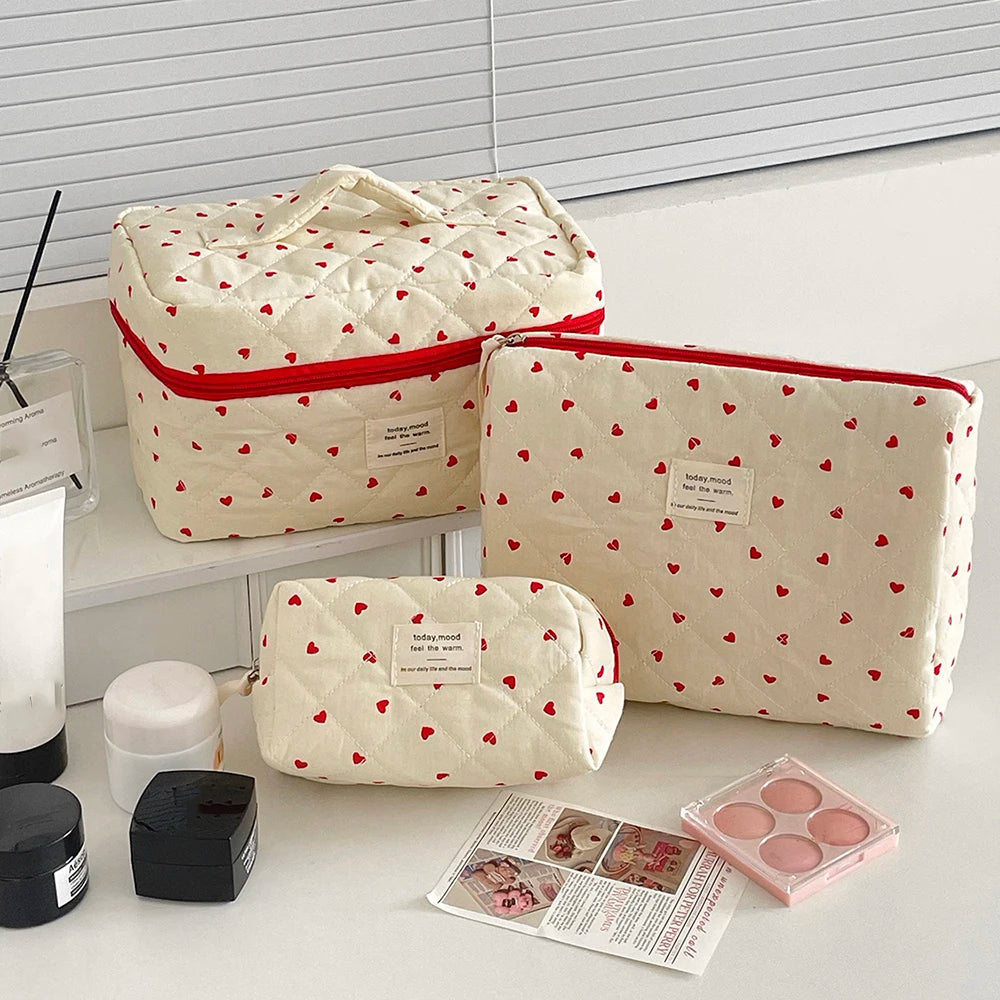 Quilted Heart Print Makeup Bag