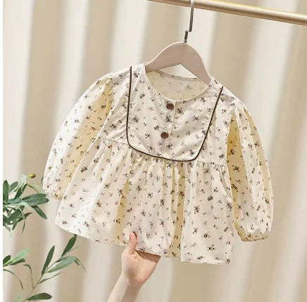 Girls' Ditsy Floral Cotton Blouse, Long Sleeve
