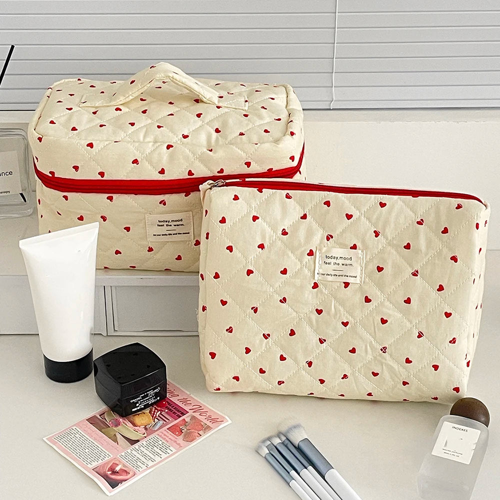 Quilted Heart Print Makeup Bag