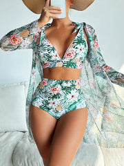 VigoBreviya 3-Piece Mesh Bikini Set – Printed Push-Up High Waist Swimsuit