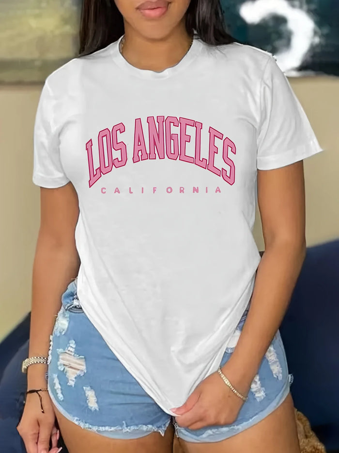 Los Angeles Letter Print T-Shirt, Casual Short Sleeve Women’s Top, White