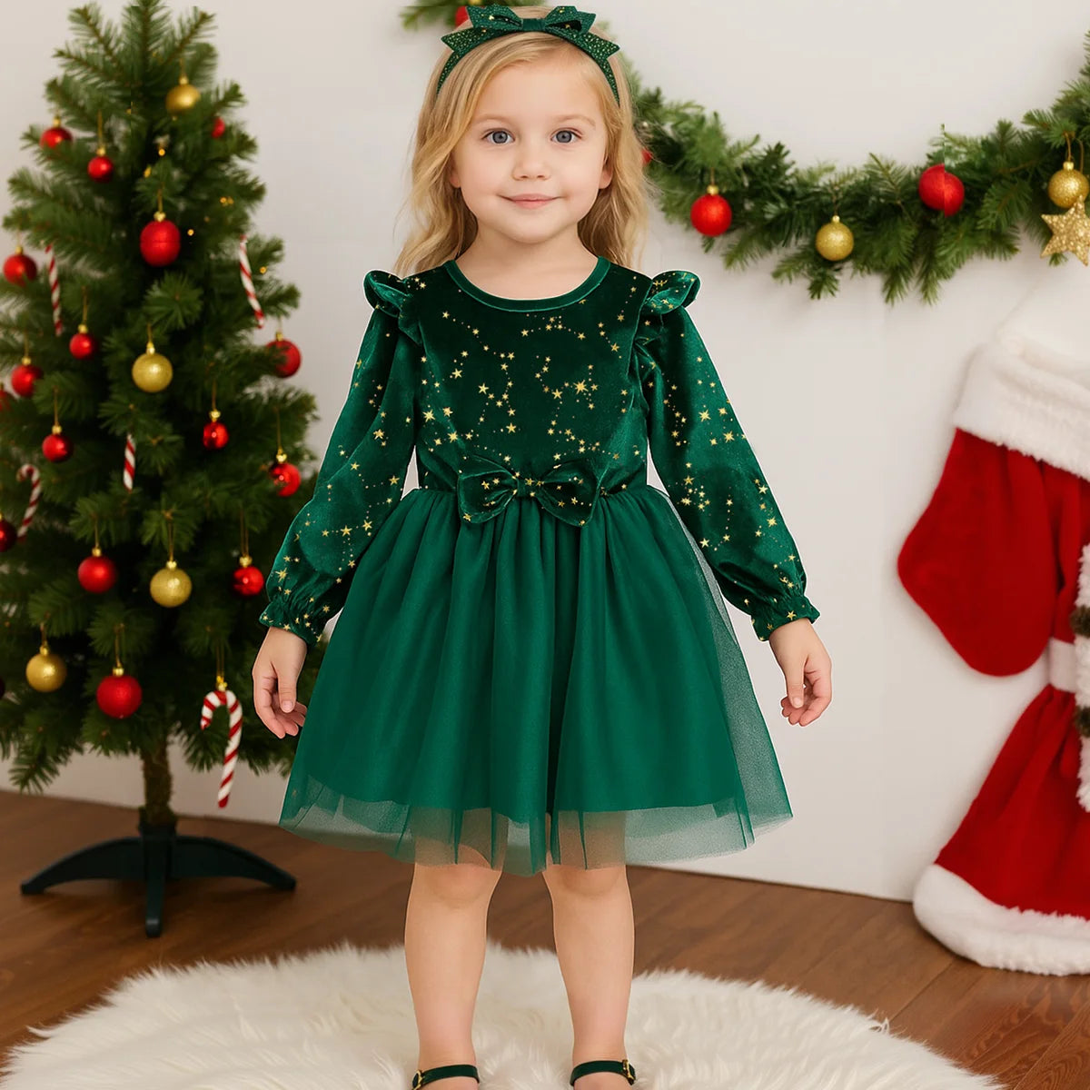 Girls' Velvet Bow Party Dress with Mesh Skirt