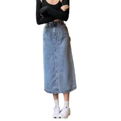 Women's High-Waisted Denim Skirt – Vintage Side Slit Midi