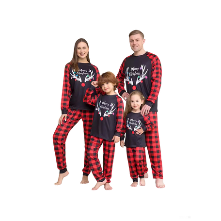 Festive Family Pyjama Set - Red Antler Top & Plaid Pants