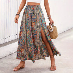 Women's Boho Floral Maxi Skirt – High Waist A-Line Holiday Skirt