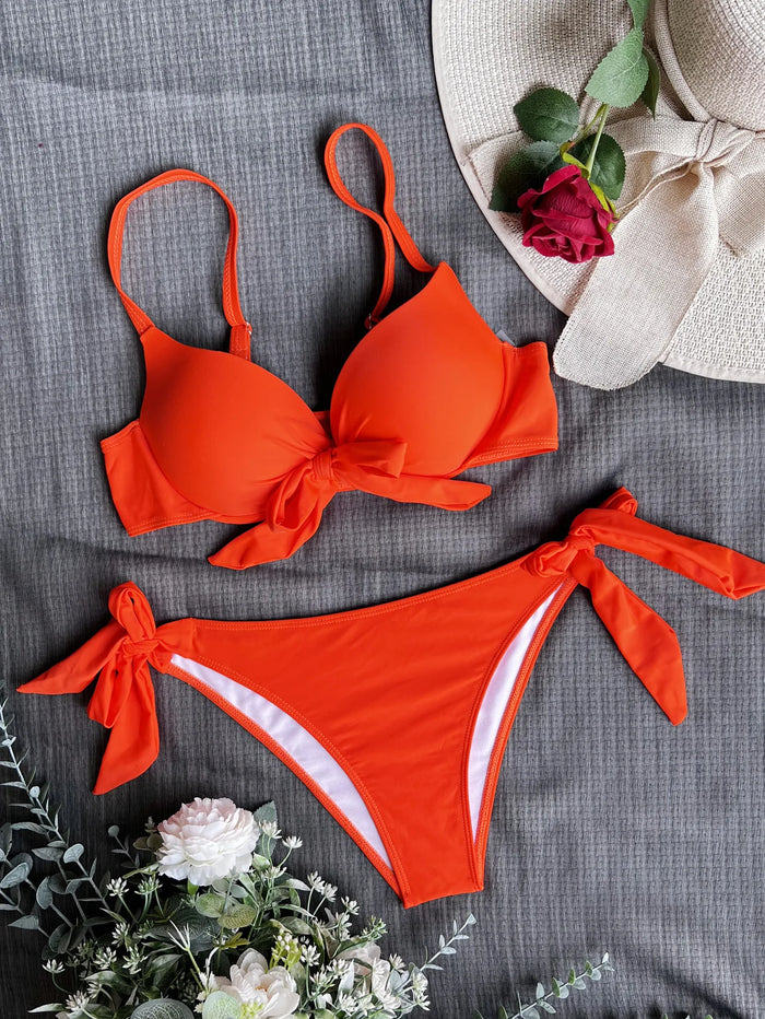 Sexy Front Bow Push-Up Bikini Set, High-Waist Two-Piece Swimsuit, Orange