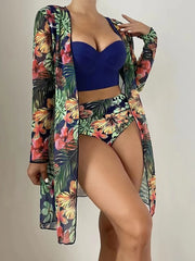 Tropical Glam 3-Piece Bikini Set – Push-Up Swimsuit with Long Sleeve Cover-Up