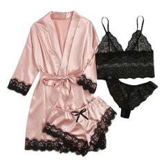 Satin Lace Trim Pajama & Robe Set