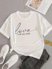 Love Letter Print Graphic T-Shirt – Casual Short Sleeve Women’s Tee
