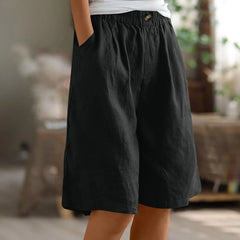 Women's Cotton Linen Capris – Loose-Fit Elastic Waist Shorts with Pockets