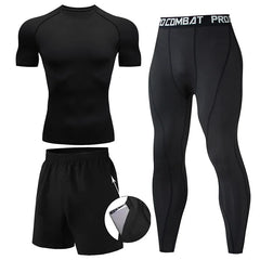Men’s 3-Piece Compression Workout Set – Short Sleeve Top, Leggings & Shorts