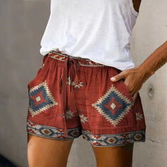 Women's High Waist Retro Print Shorts – Loose Fit with Pockets