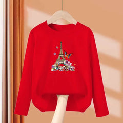 Paris Butterfly Eiffel Tower Long-Sleeve Cotton Tee for Girls