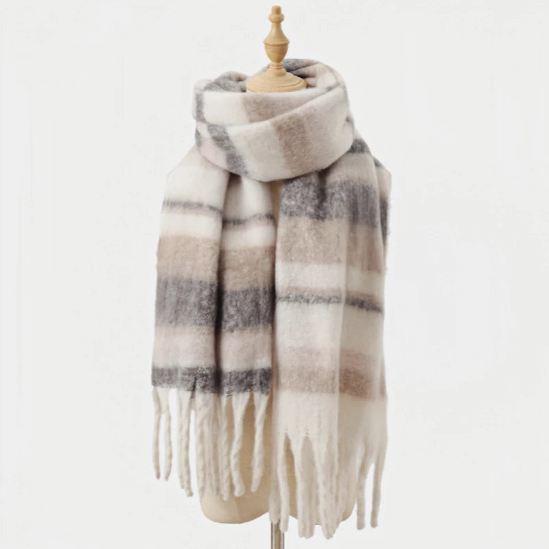 Soft Check Blanket Scarf with Tassels