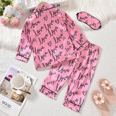 Girls’ Heart Print Pyjama Set – Long Sleeve Button-Up Sleepwear with Eye Mask