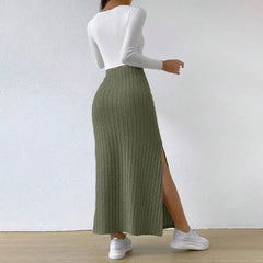 Women's Ribbed Maxi Skirt – High Waist Side Slit Slim Fit