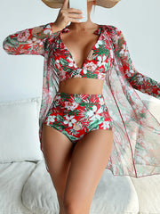 VigoBreviya 3-Piece Mesh Bikini Set – Printed Push-Up High Waist Swimsuit