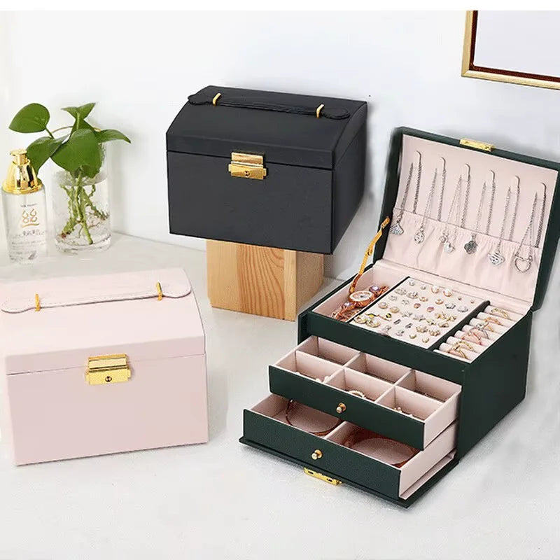 Three Tier Jewellery Box with Drawers, Faux Leather