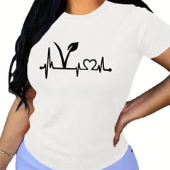 Botanical Print Short Sleeve T-Shirt – Casual Crew Neck Women’s Top