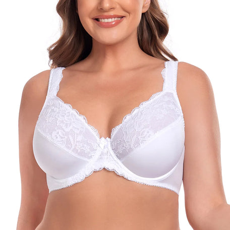 LuxeLift Plus Size Lace Minimiser Bra – Full Cup Support (White, 36C–50J)