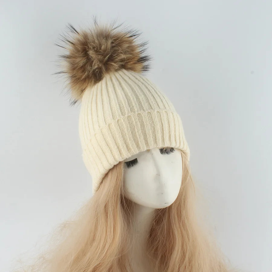 Women's Ribbed Beanie with Faux Fur Pom-Pom