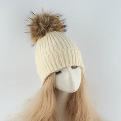 Women's Ribbed Beanie with Faux Fur Pom-Pom