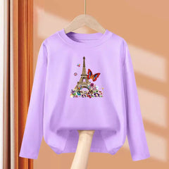 Paris Butterfly Eiffel Tower Long-Sleeve Cotton Tee for Girls