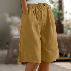 Women's Cotton Linen Capris – Loose-Fit Elastic Waist Shorts with Pockets