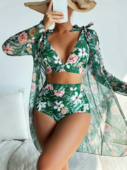 VigoBreviya 3-Piece Mesh Bikini Set – Printed Push-Up High Waist Swimsuit