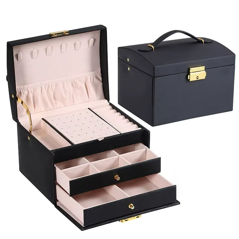 Three Tier Jewellery Box with Drawers, Faux Leather