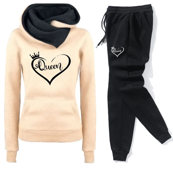 Women's Casual Tracksuit, Hooded Pullover & Sweatpants Set, Khaki