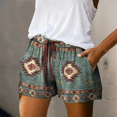 Women's High Waist Retro Print Shorts – Loose Fit with Pockets