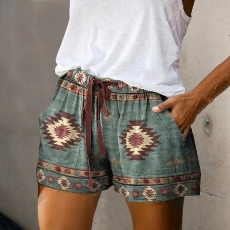 Women's High Waist Retro Print Shorts – Loose Fit with Pockets