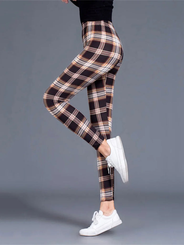 Women's High-Waisted Plaid Leggings, Push-Up Gym & Casual Trousers, image 2
