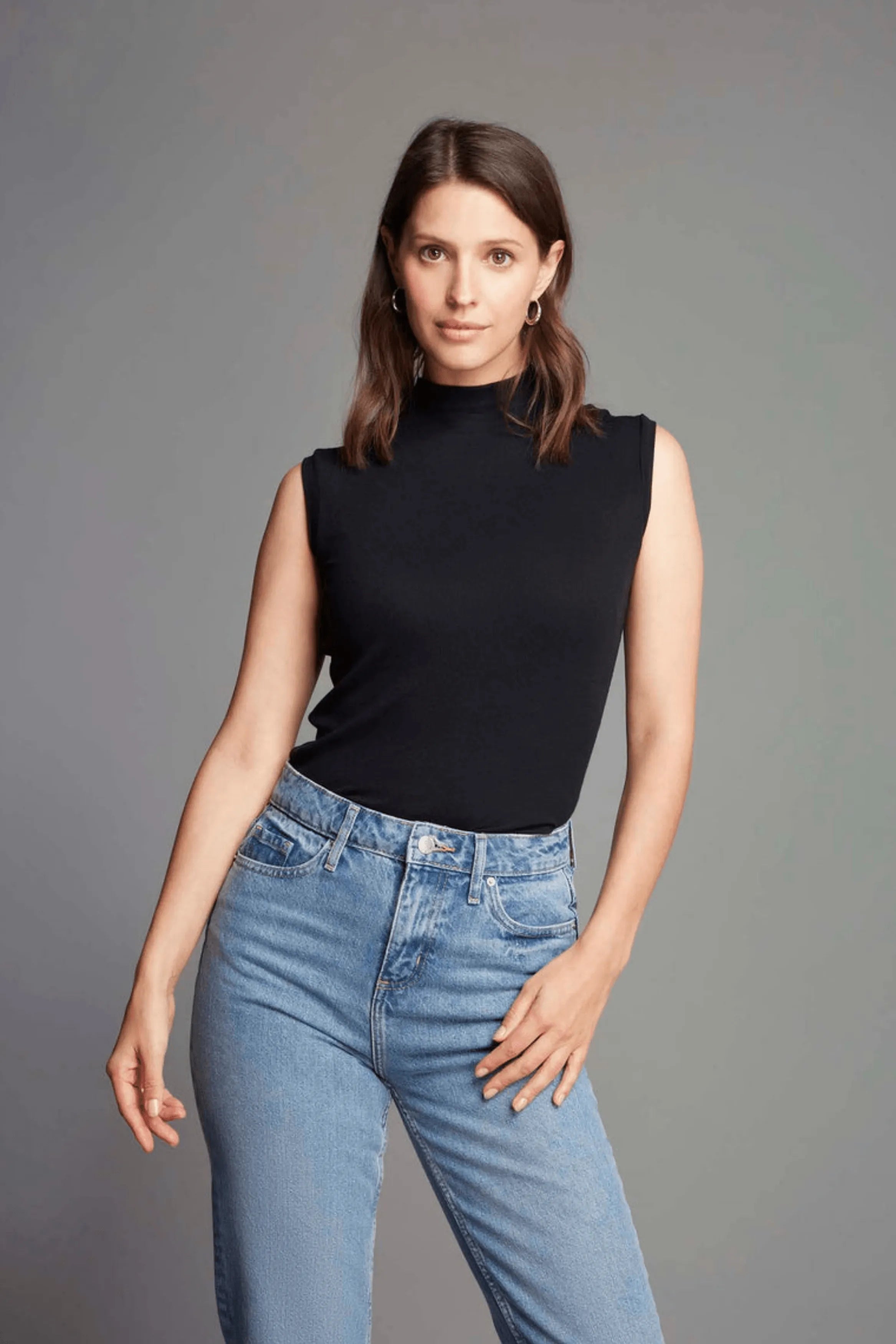 Women's Sleeveless Mock Neck Top – Ribbed Micro Modal, Black