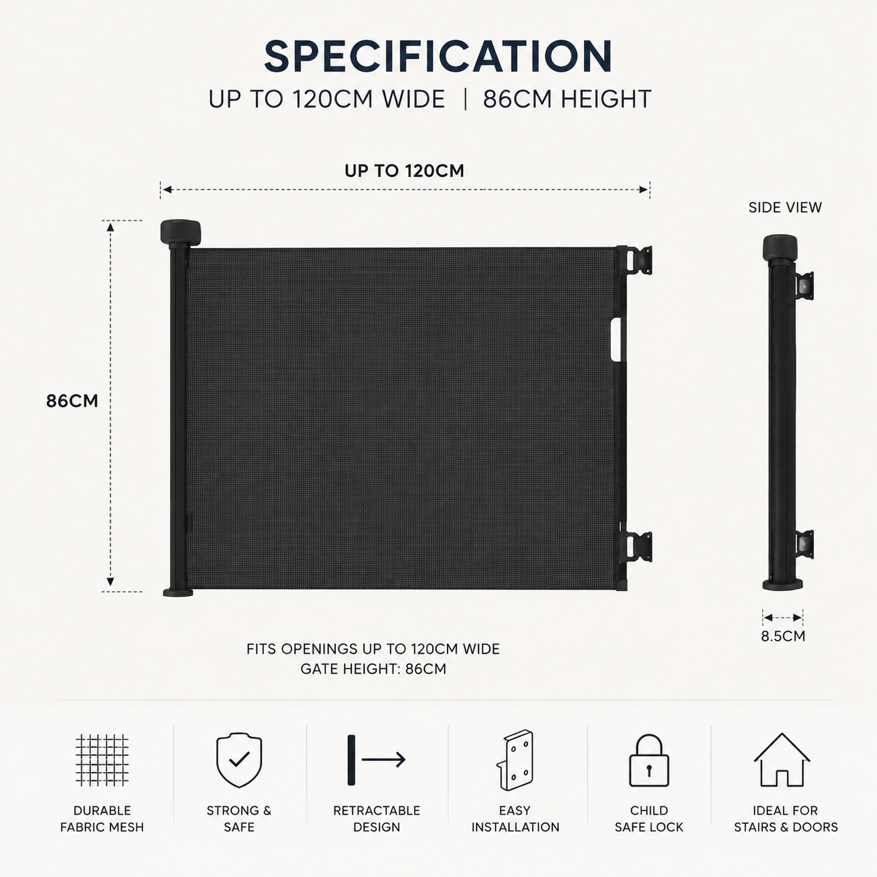 Retractable Fabric Stair Gate – Black, Up to 120cm Wide